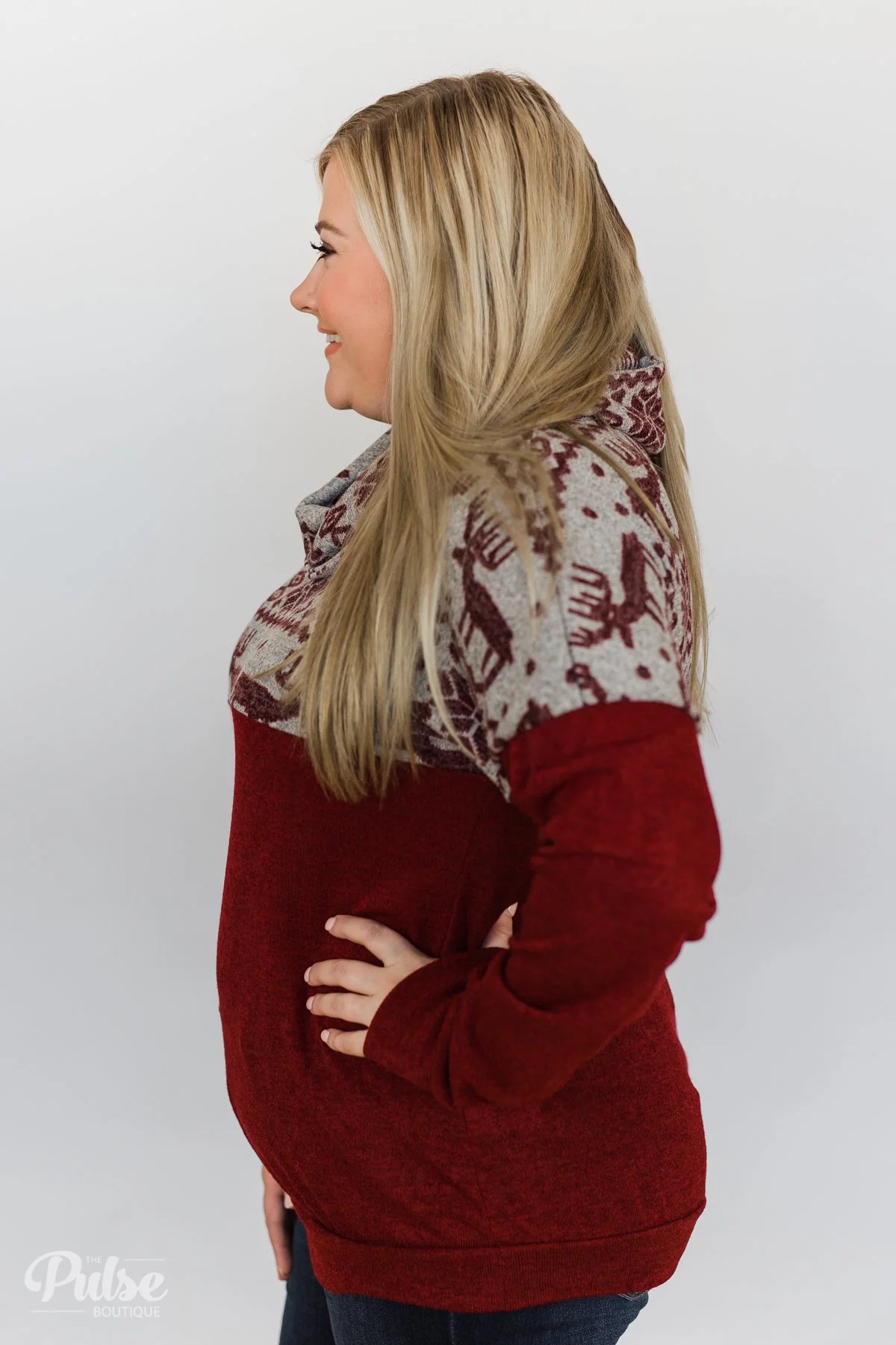 Touch of Christmas Reindeer Cowl Neck Top- Burgundy - Image 10