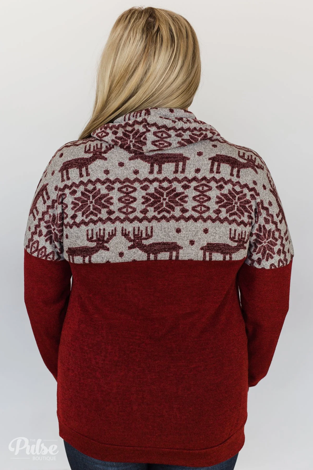 Touch of Christmas Reindeer Cowl Neck Top- Burgundy - Image 11