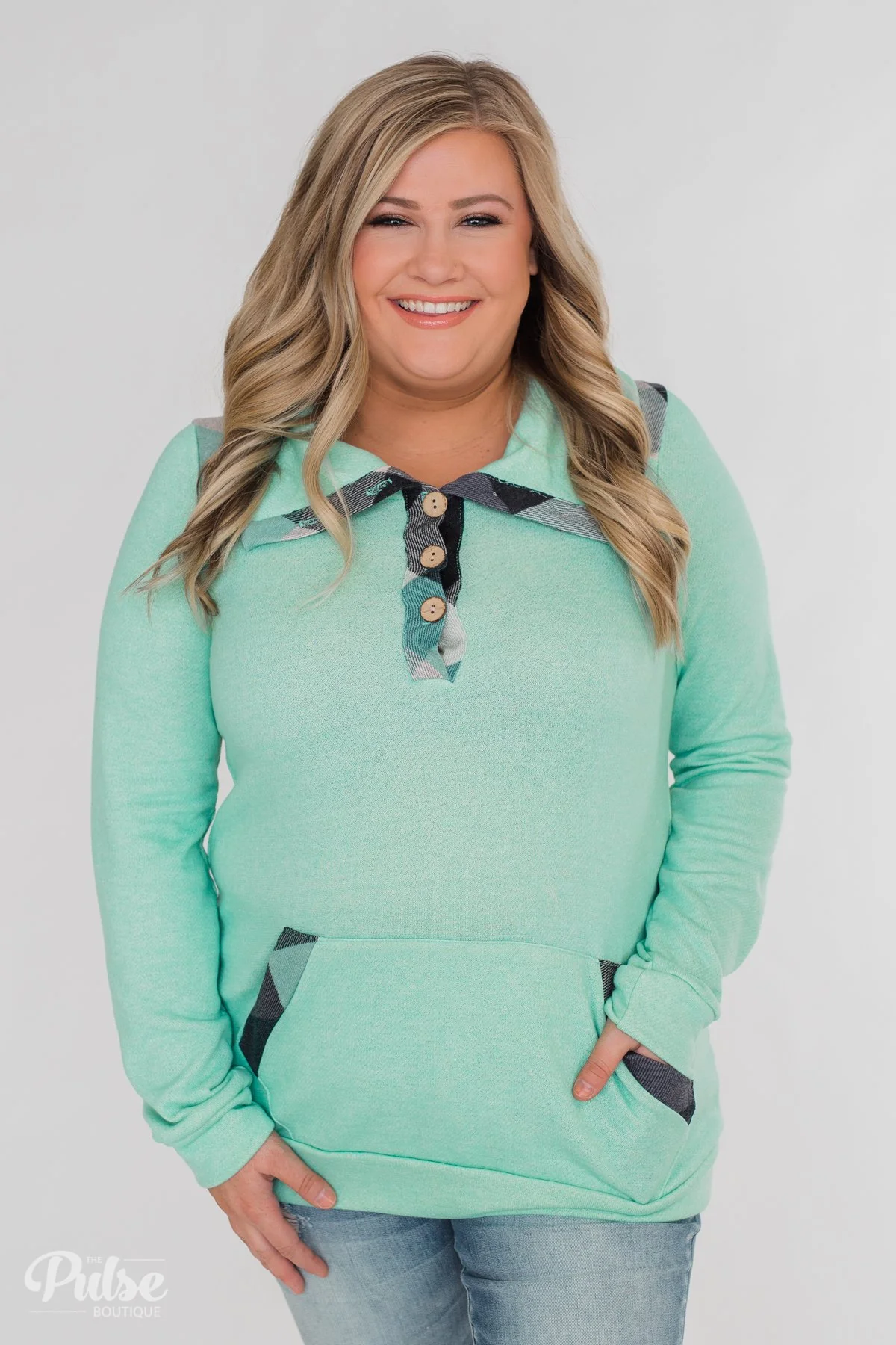 Touch of Plaid Pullover & Button Top - Mint - Image 10
