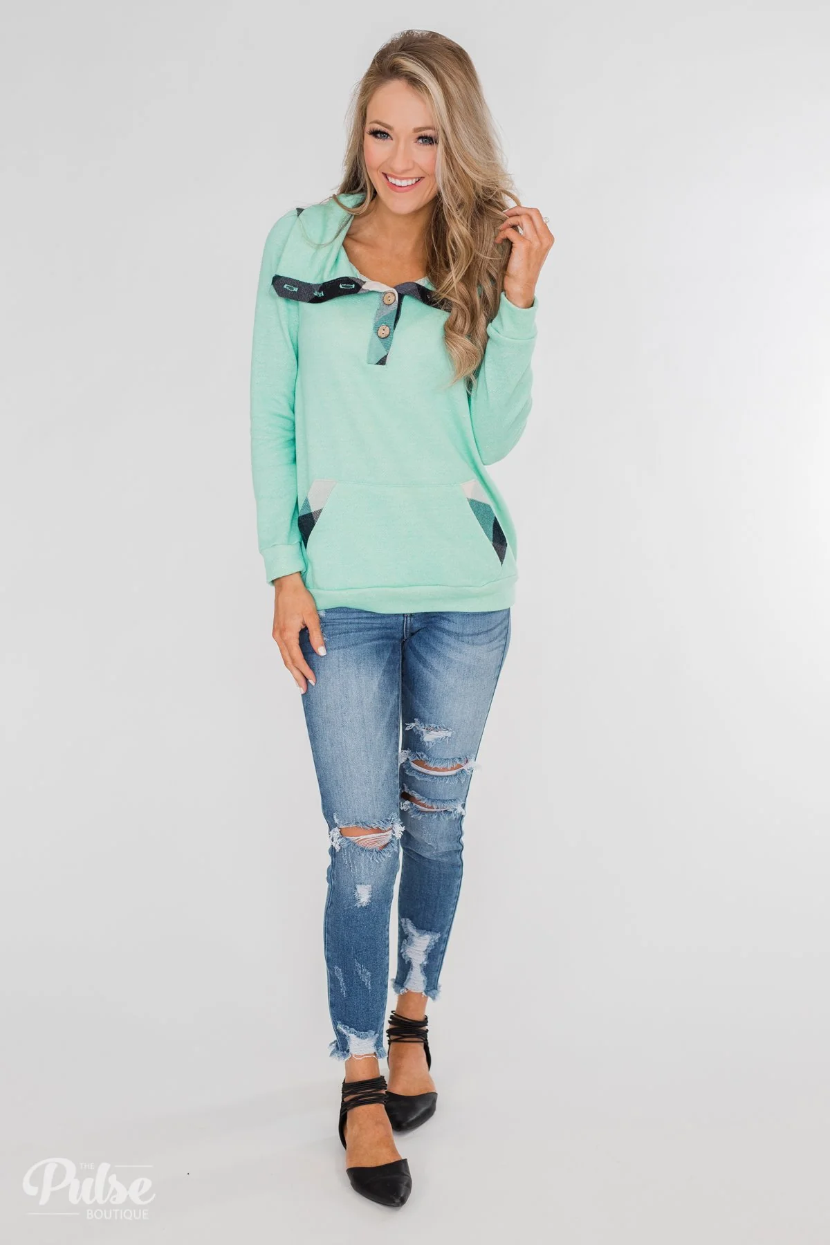 Touch of Plaid Pullover & Button Top - Mint - Image 16