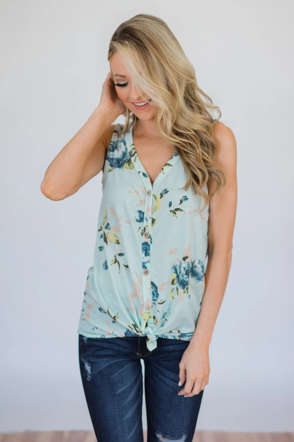 Touch the Sky Floral Tie Tank Top- Mint - Image 3