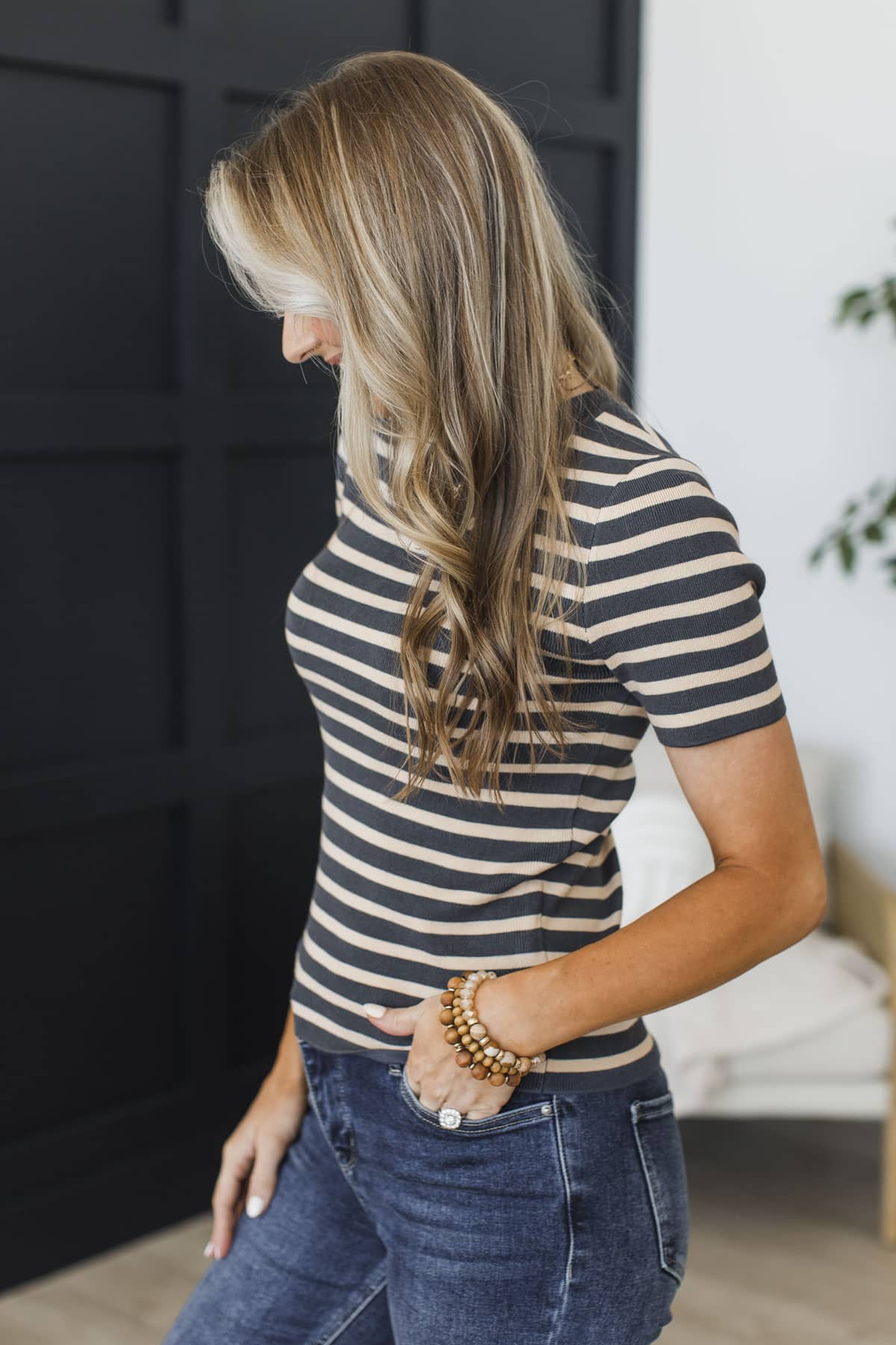 Touched By The Breeze Short Sleeve Striped Knit Top- Navy - Image 4