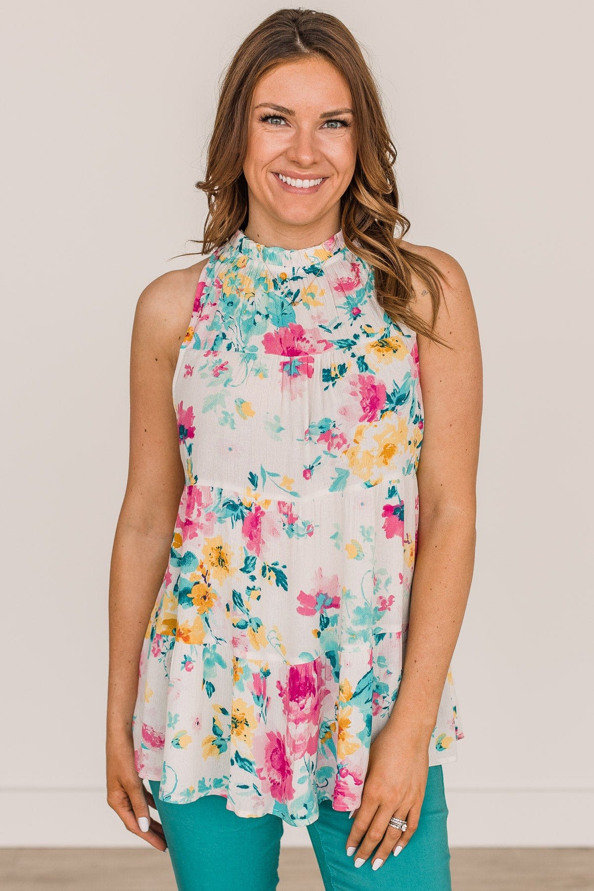 Touched My Heart Tiered Floral Tank Top- Ivory - Image 2