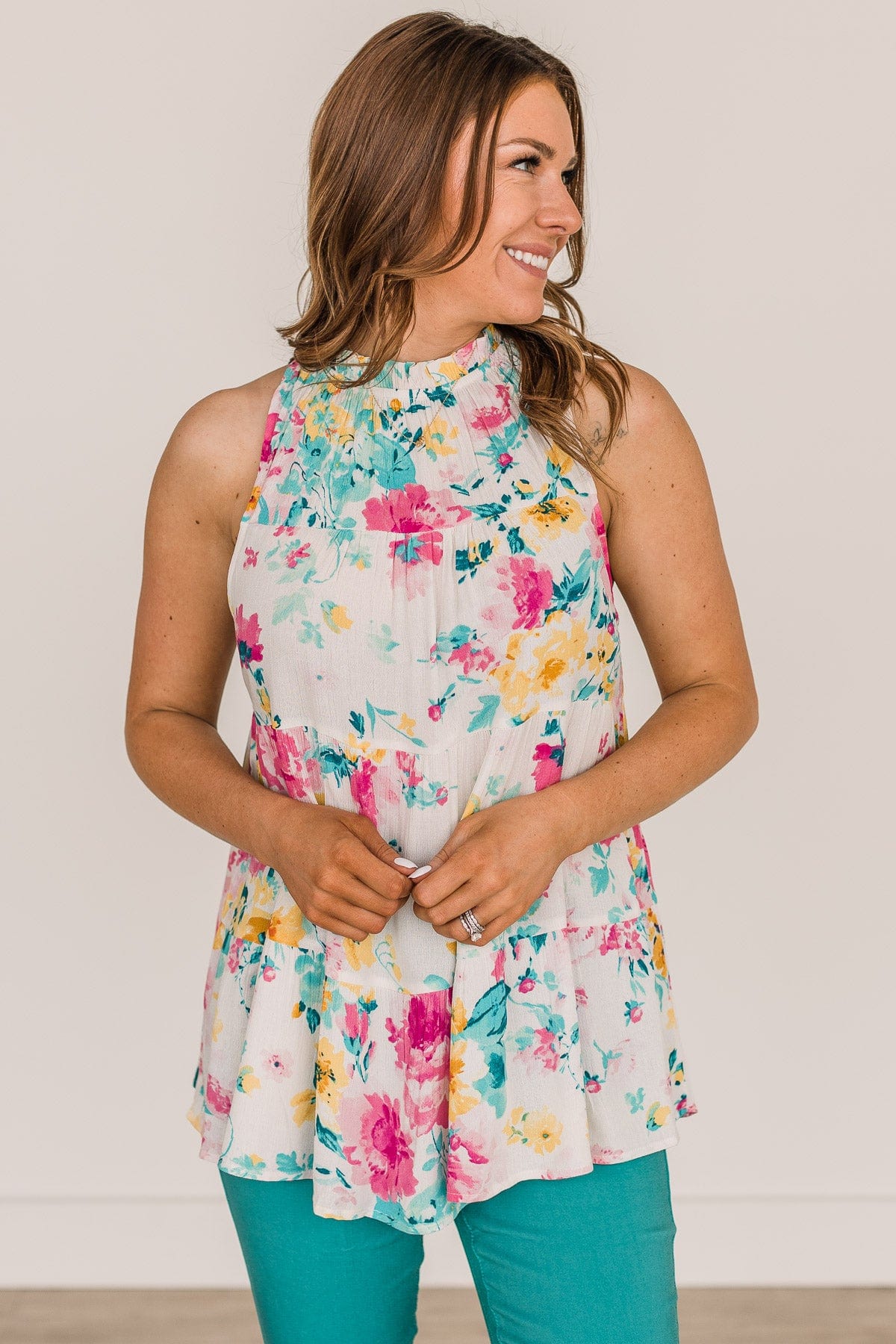 Touched My Heart Tiered Floral Tank Top- Ivory - Image 4