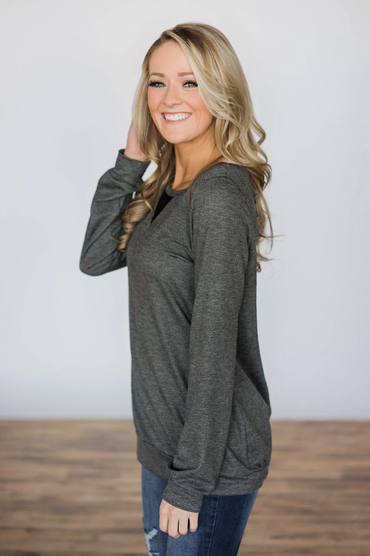Trace of Lace Long Sleeve Top- Charcoal - Image 2