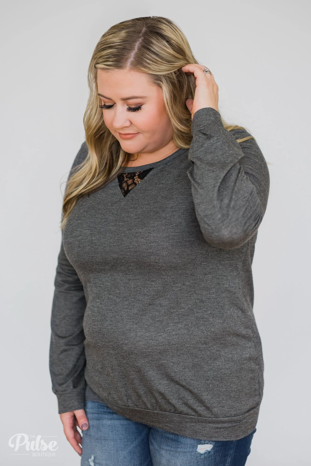 Trace of Lace Long Sleeve Top- Charcoal - Image 7