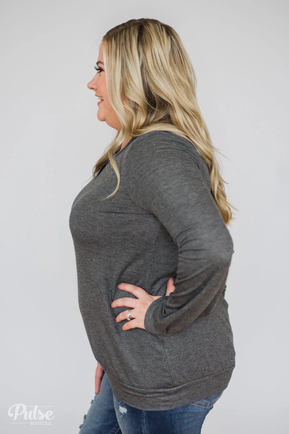 Trace of Lace Long Sleeve Top- Charcoal - Image 9