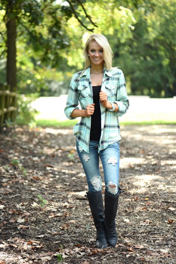 Traditional Black & Mint Flannel Top - Image 2