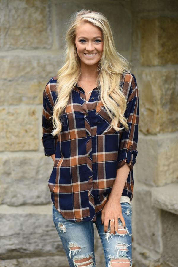 Traditional Mustard & Navy Plaid Top - Image 5