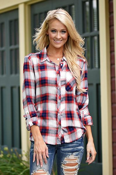 Traditional Orange & Navy Flannel Top - Image 4