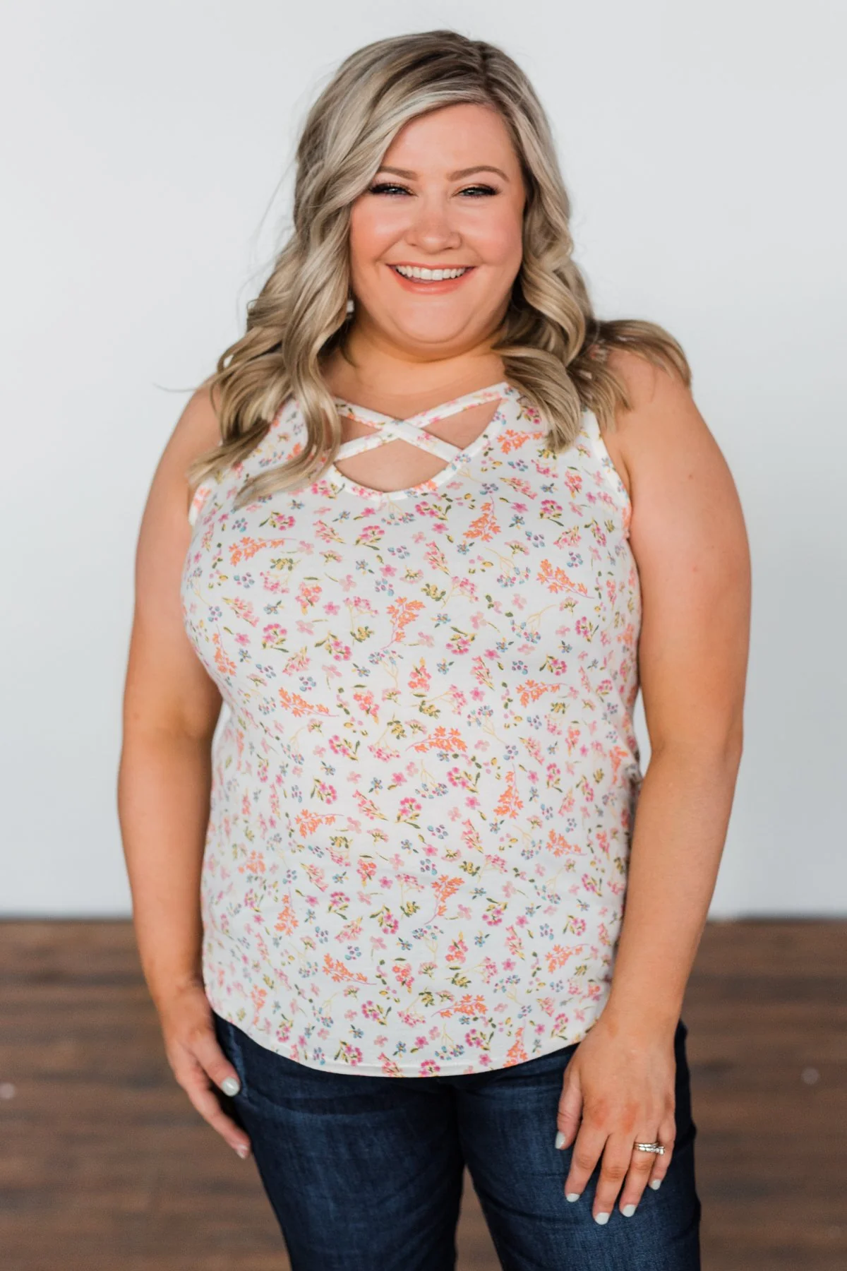 Travel Back In Time Floral Criss Cross Tank Top- Ivory - Image 2