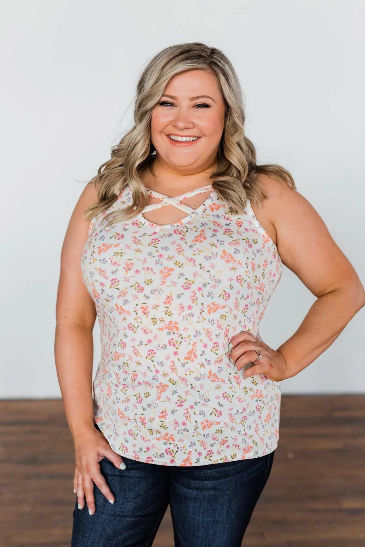 Travel Back In Time Floral Criss Cross Tank Top- Ivory - Image 4