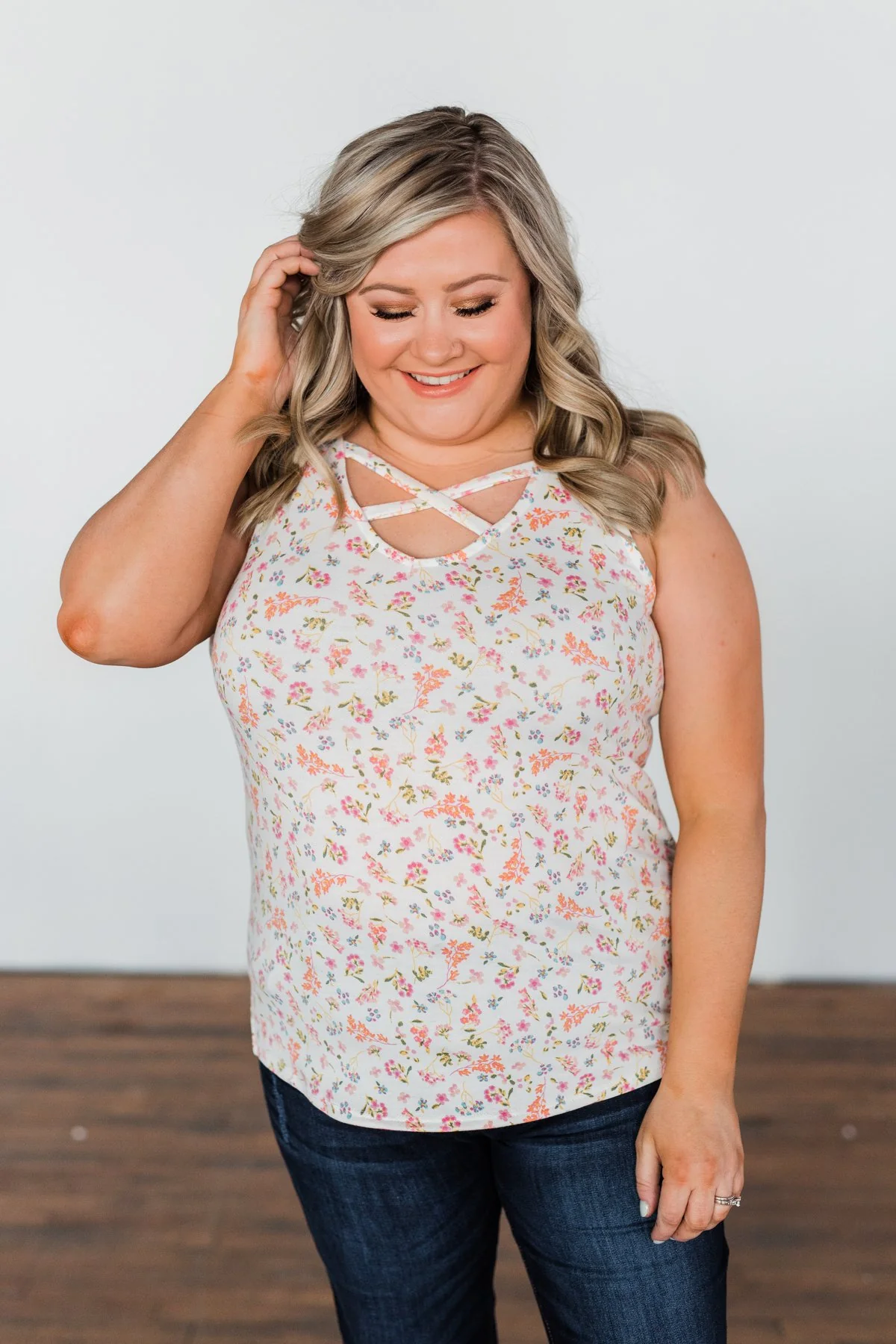 Travel Back In Time Floral Criss Cross Tank Top- Ivory - Image 6