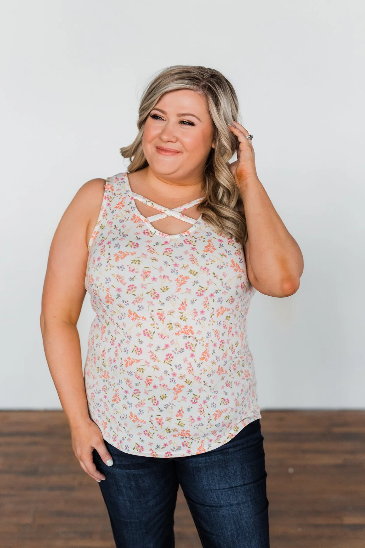 Travel Back In Time Floral Criss Cross Tank Top- Ivory - Image 8