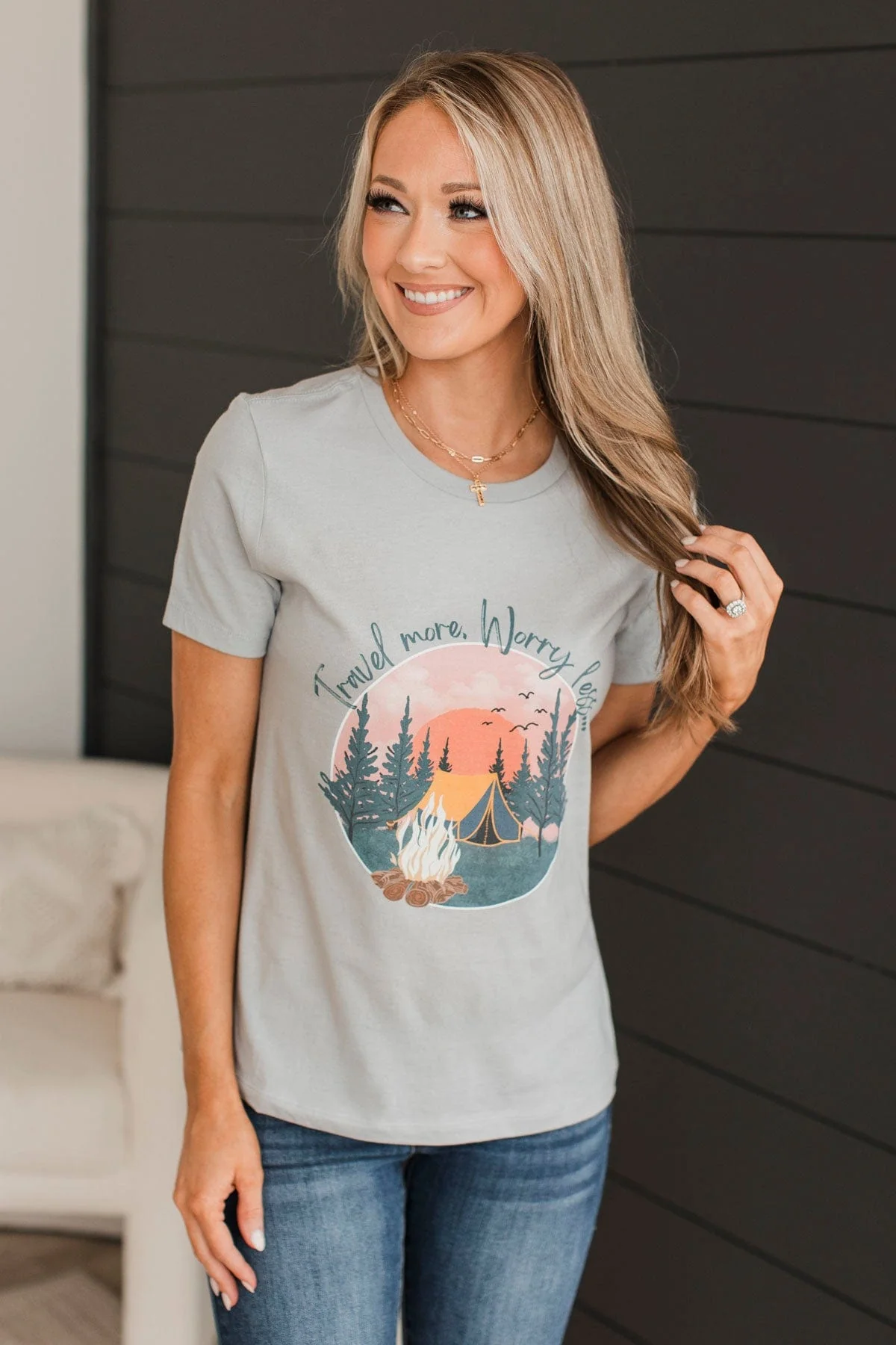 "Travel More, Worry Less" Graphic Tee- Grey - Image 4