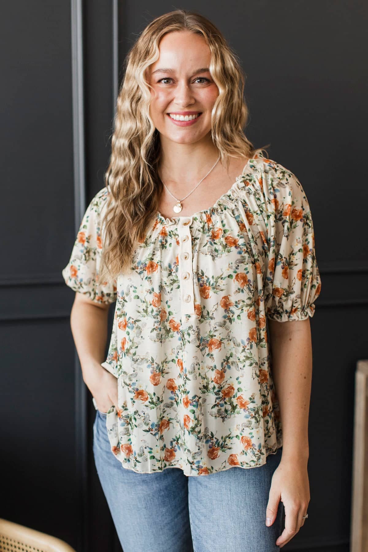 Treasured Times Puff Sleeve Floral Blouse- Beige - Image 4