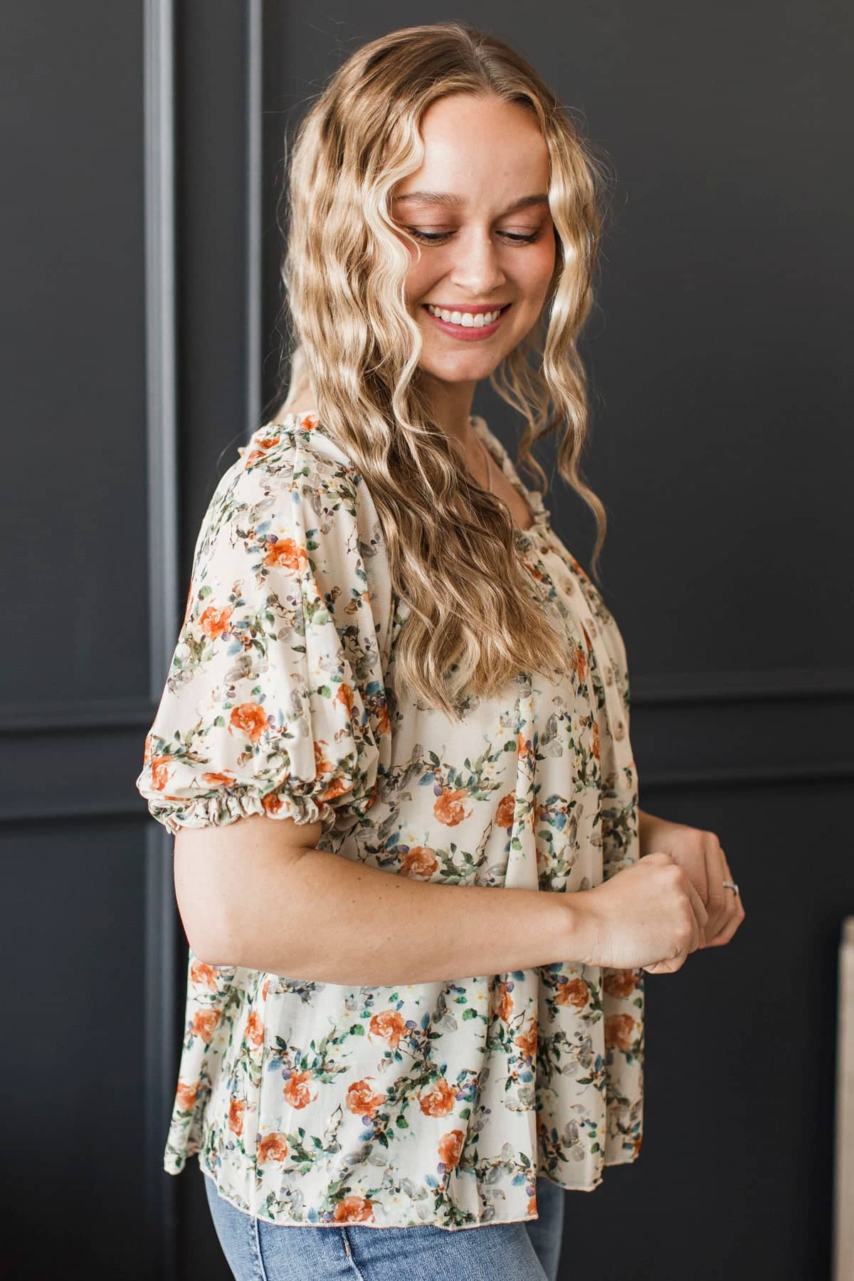 Treasured Times Puff Sleeve Floral Blouse- Beige - Image 6