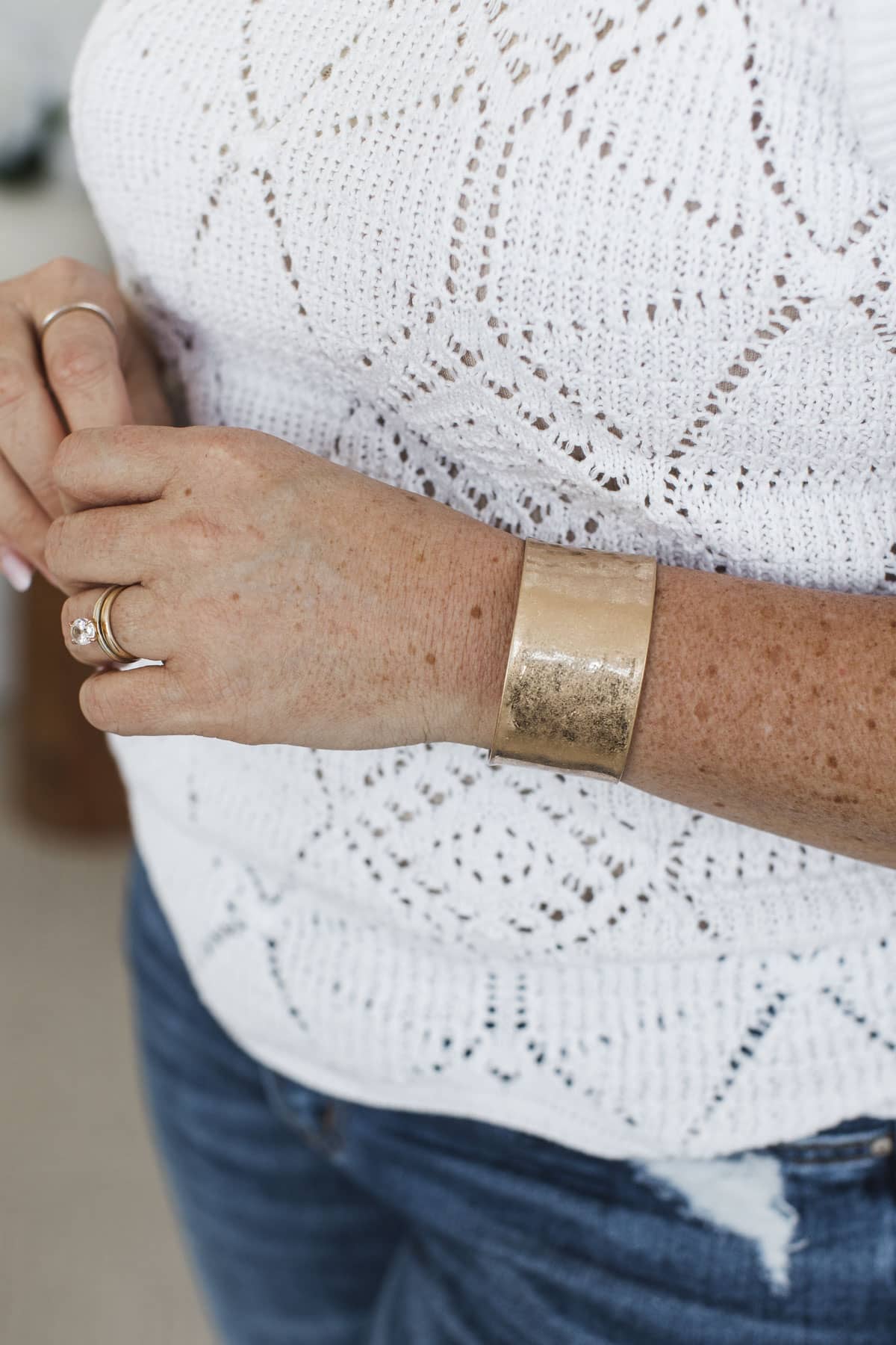 Trendy Appeal Wide Cuff Bracelet- Worn Gold - Image 2