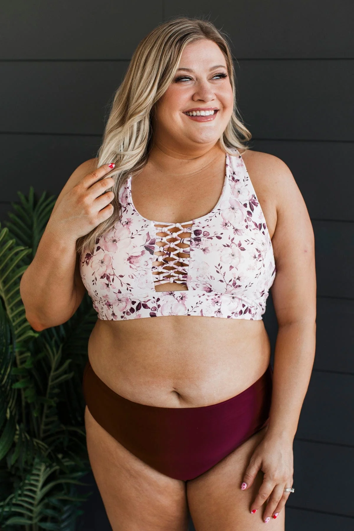 Tropical Breeze Braided Floral Swim Top- Burgundy