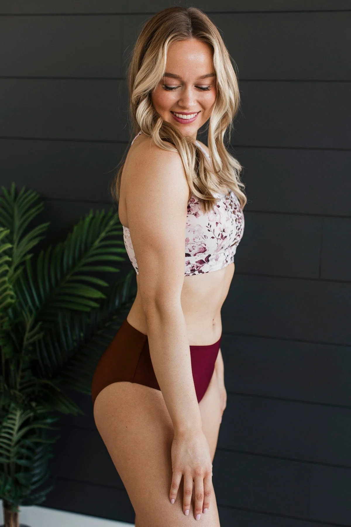 Tropical Breeze Braided Floral Swim Top- Burgundy - Image 6