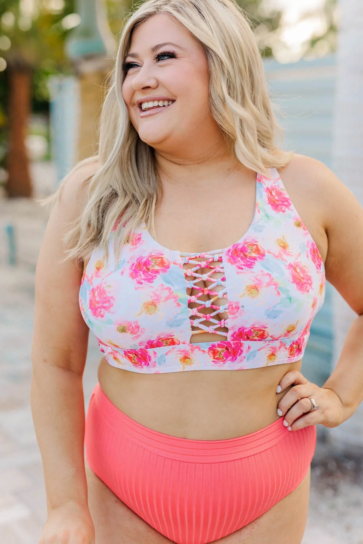 Tropical Breeze Braided Swim Top- Ivory & Pink Floral