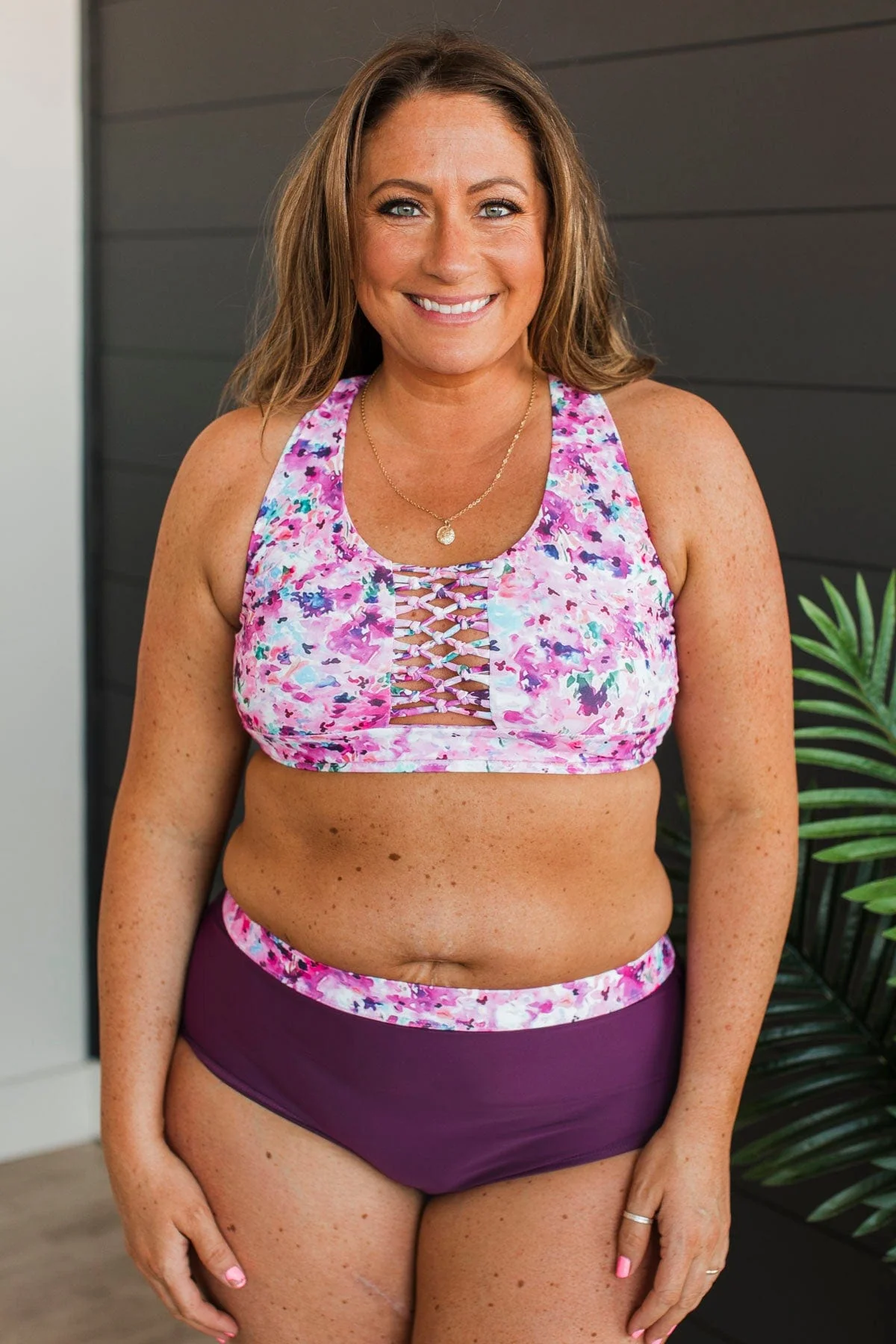 Tropical Breeze Braided Floral Swim Top- Plum - Image 2