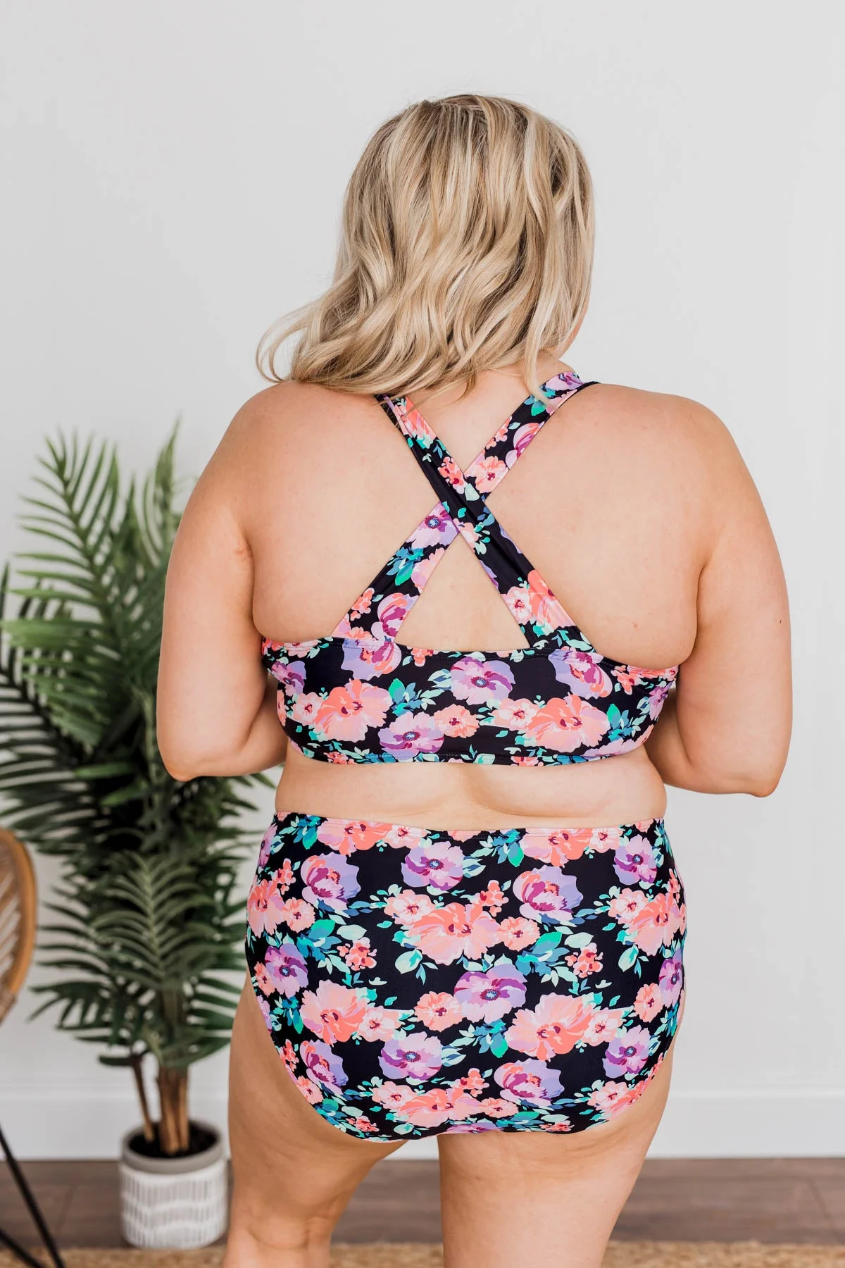 Tropical Breeze Floral Braided Swim Top- Black, Peach & Purple - Image 11