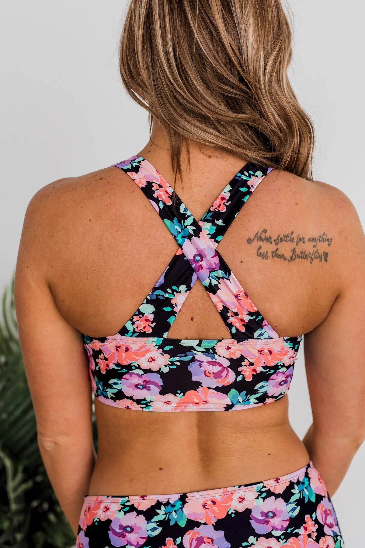 Tropical Breeze Floral Braided Swim Top- Black, Peach & Purple - Image 12
