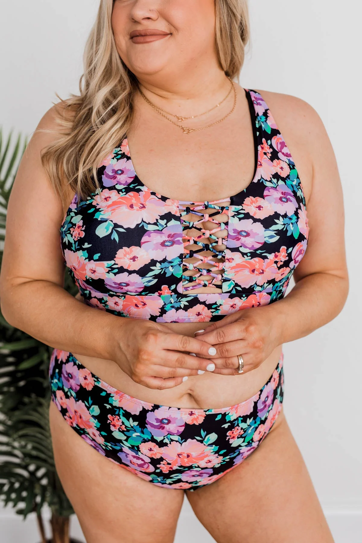 Tropical Breeze Floral Braided Swim Top- Black, Peach & Purple - Image 13