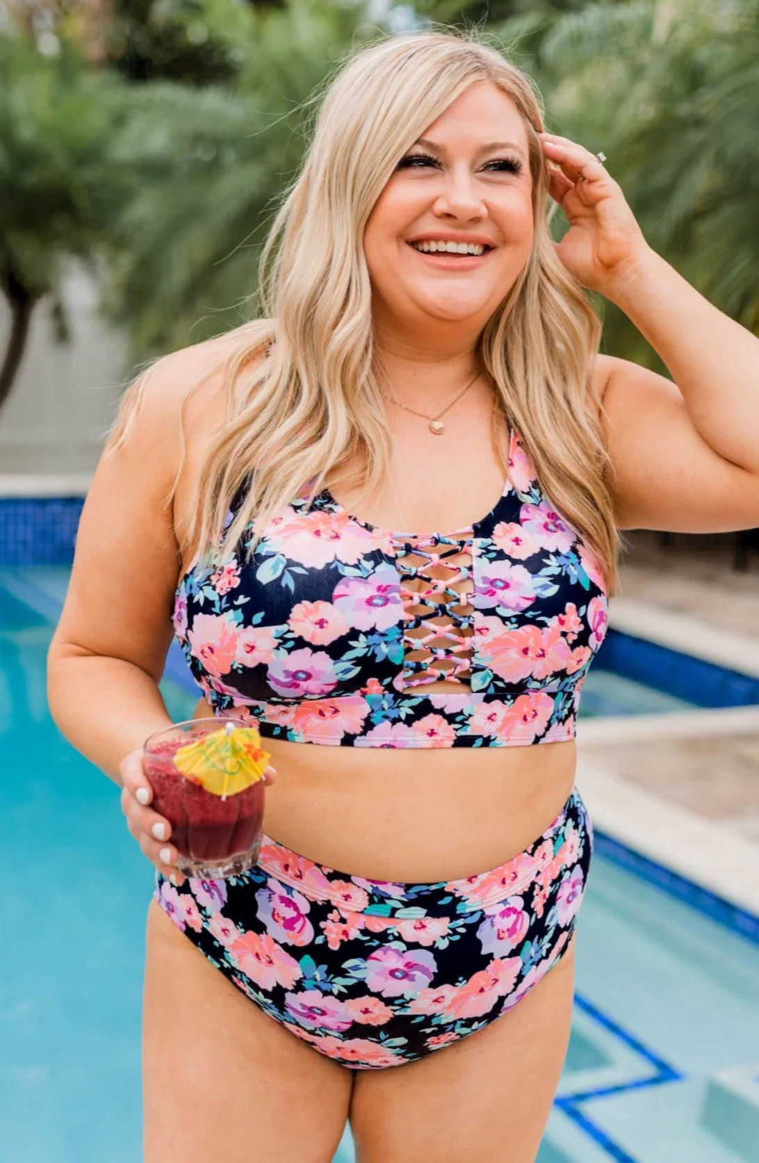 Tropical Breeze Floral Braided Swim Top- Black, Peach & Purple - Image 4