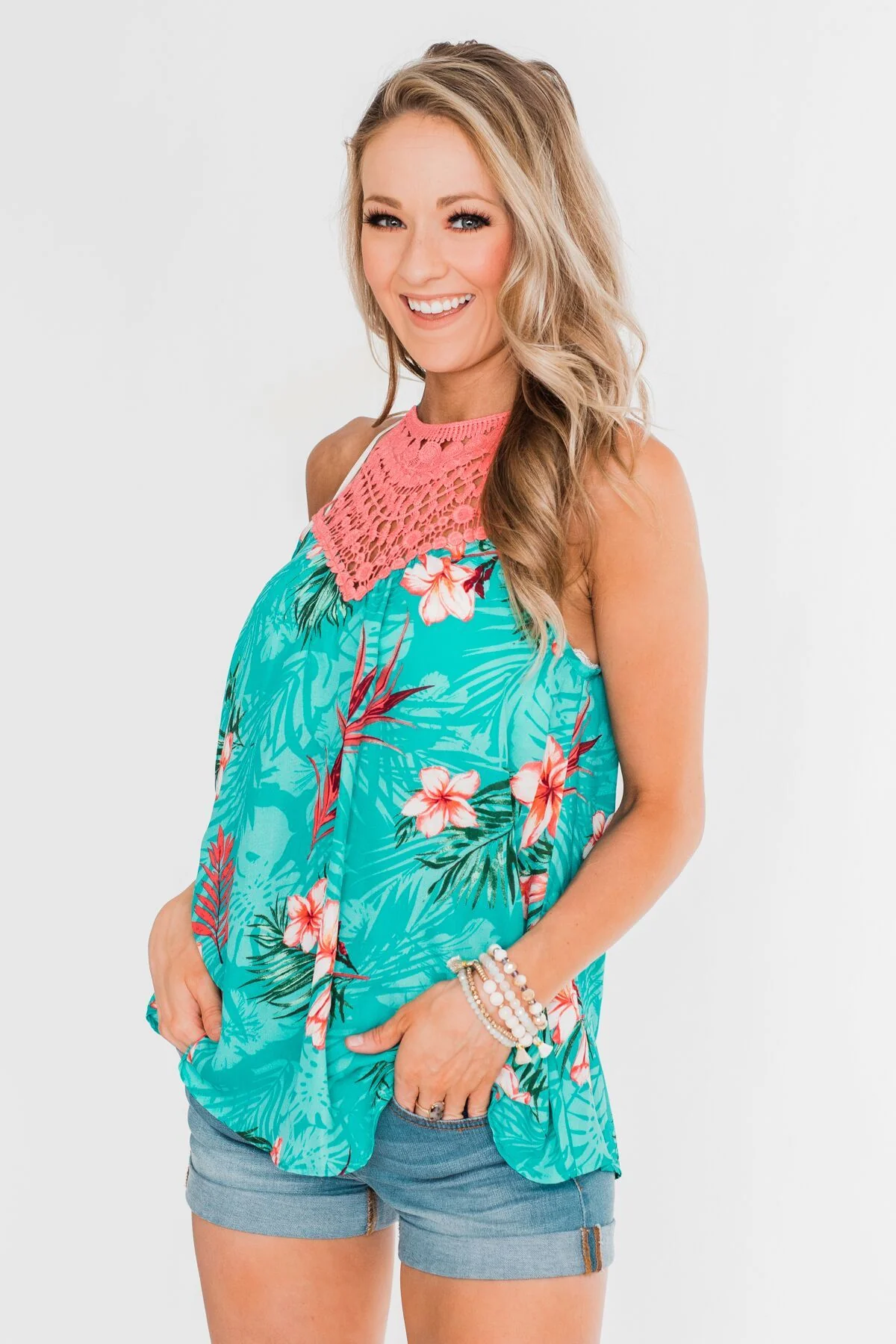 Tropical Crochet Halter Tank Top- Teal - Image 6