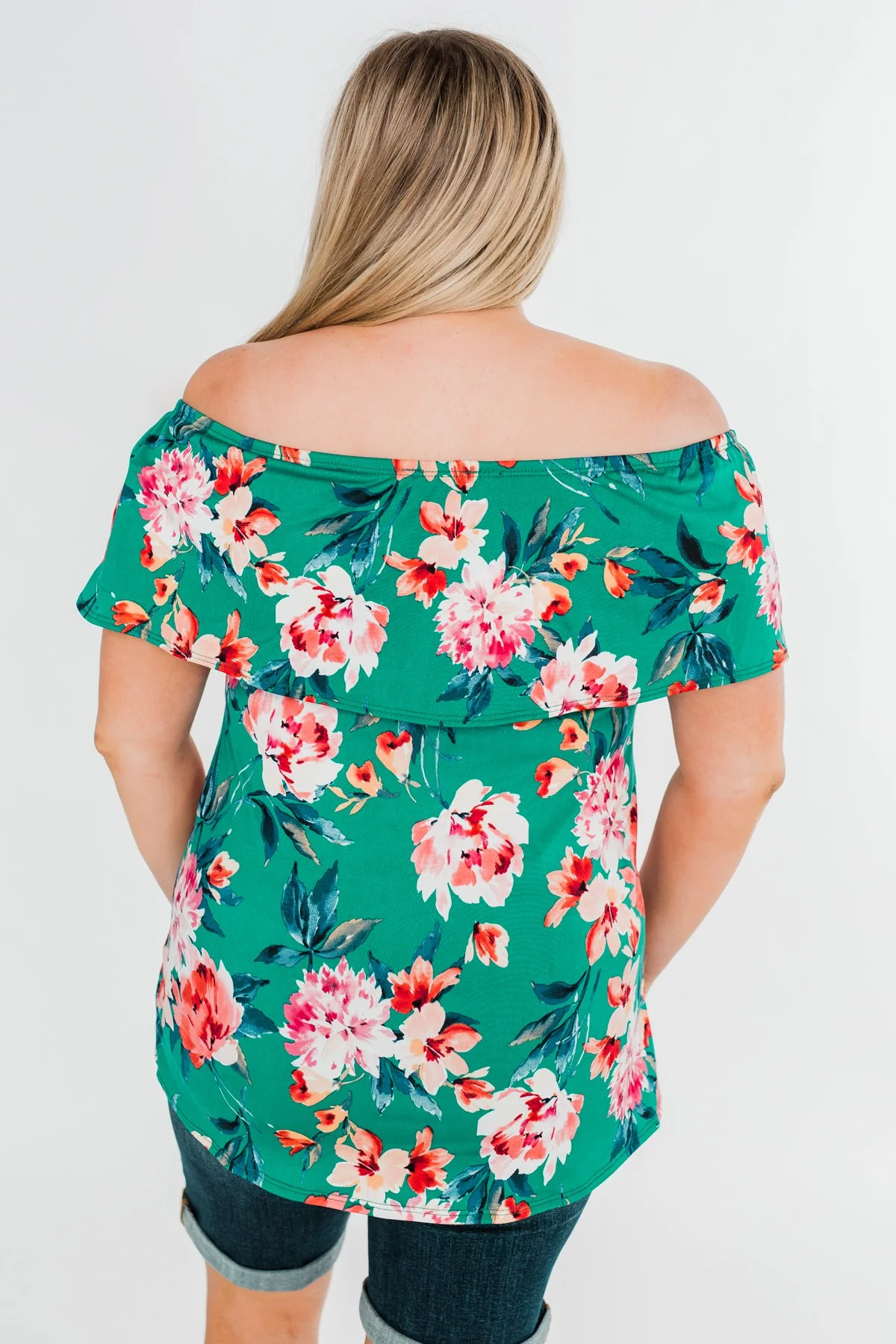 Tropical Oasis Off The Shoulder Floral Top- Green - Image 10