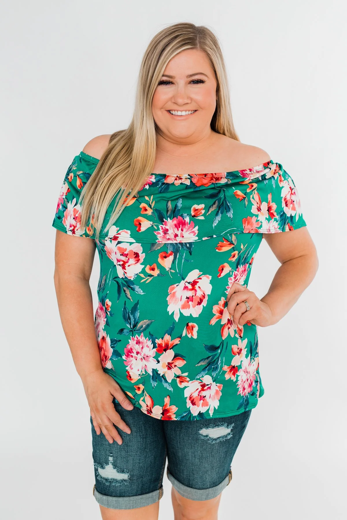 Tropical Oasis Off The Shoulder Floral Top- Green - Image 2
