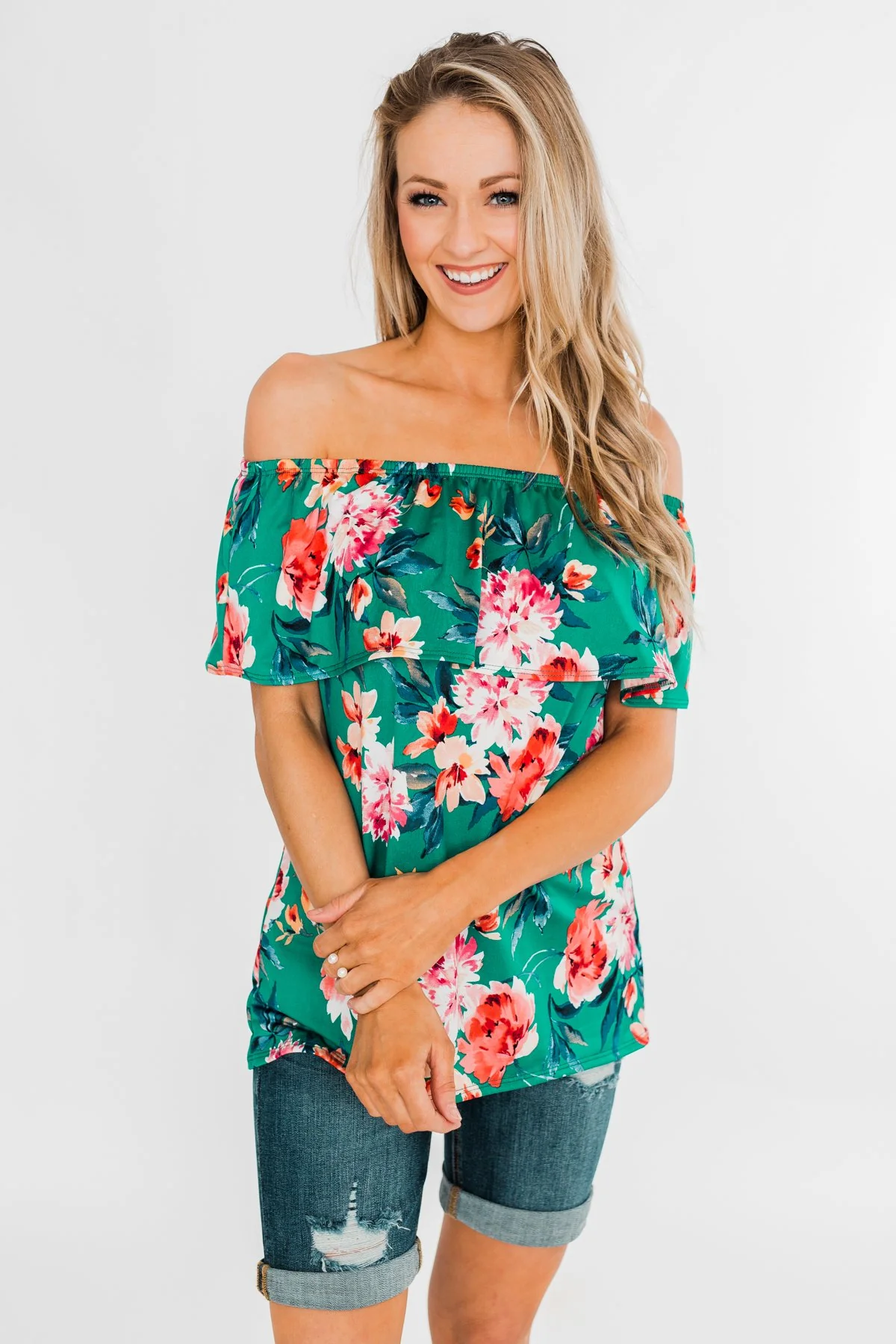 Tropical Oasis Off The Shoulder Floral Top- Green - Image 3