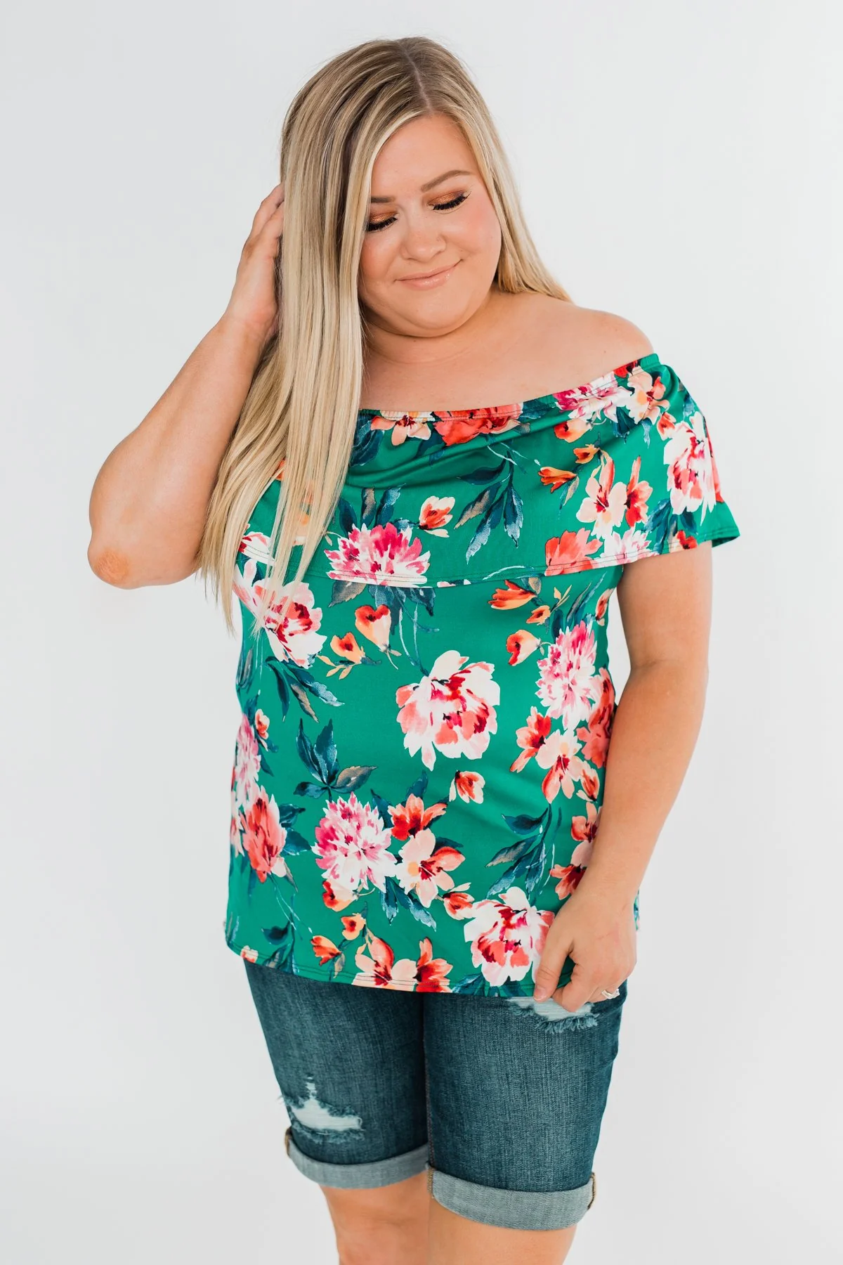 Tropical Oasis Off The Shoulder Floral Top- Green - Image 4