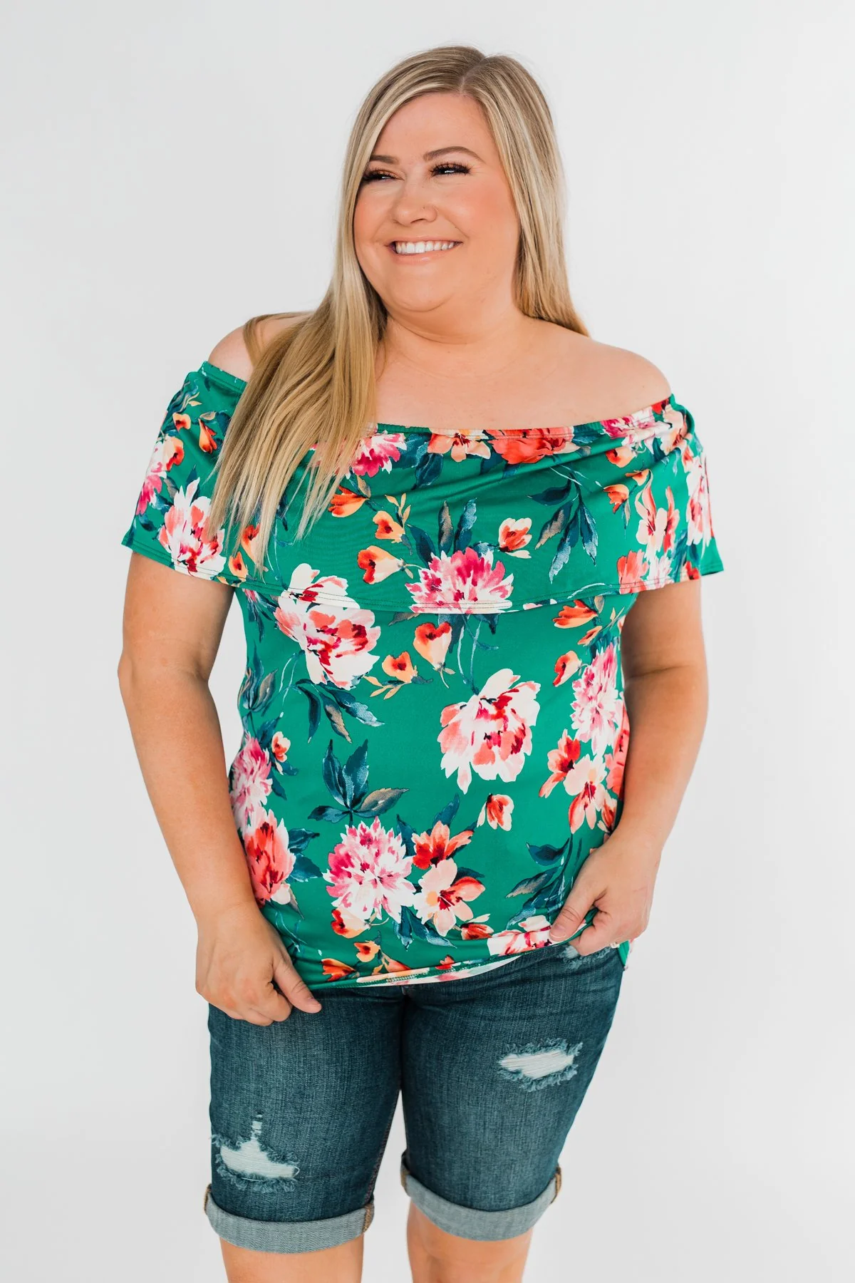 Tropical Oasis Off The Shoulder Floral Top- Green - Image 6