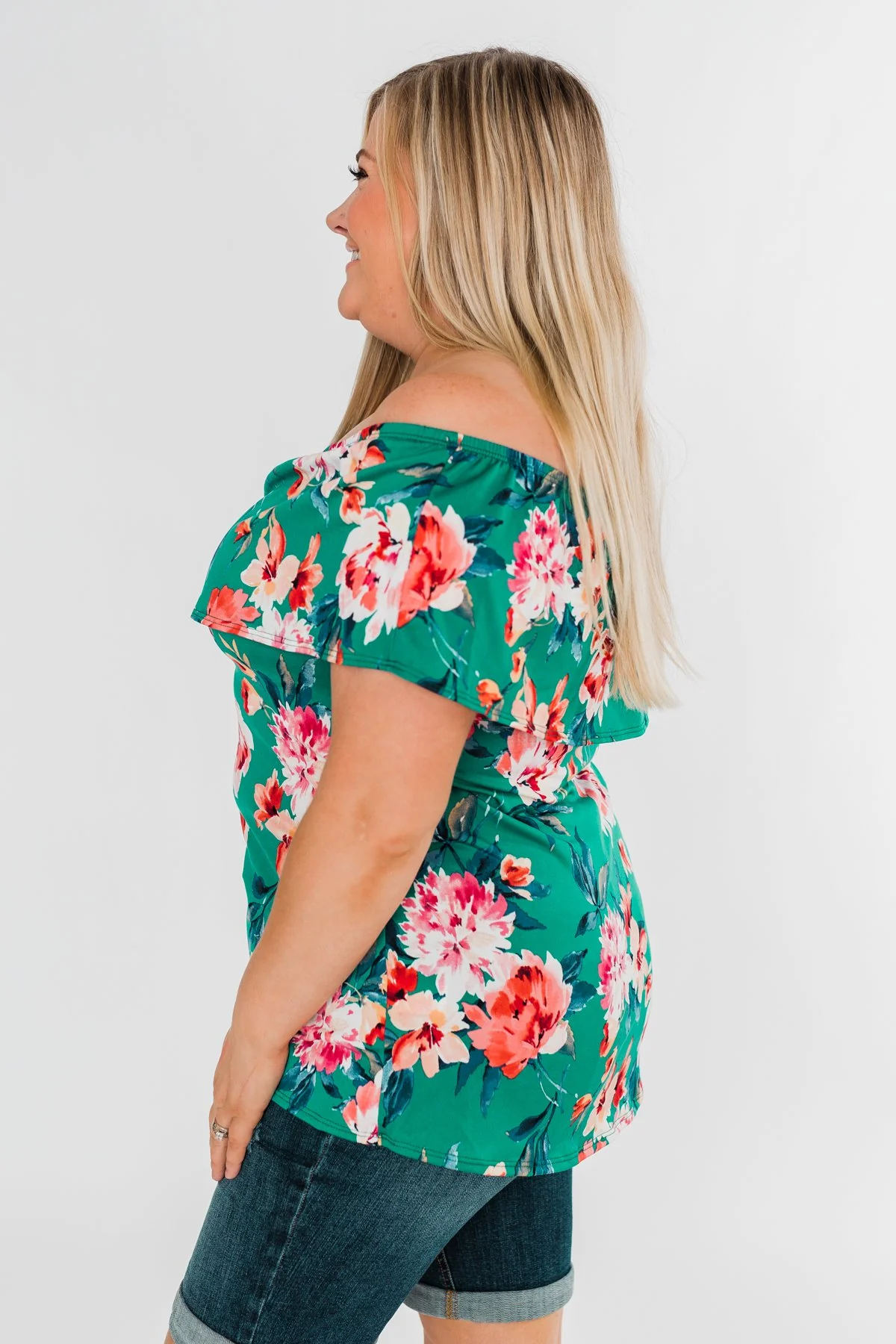 Tropical Oasis Off The Shoulder Floral Top- Green - Image 8
