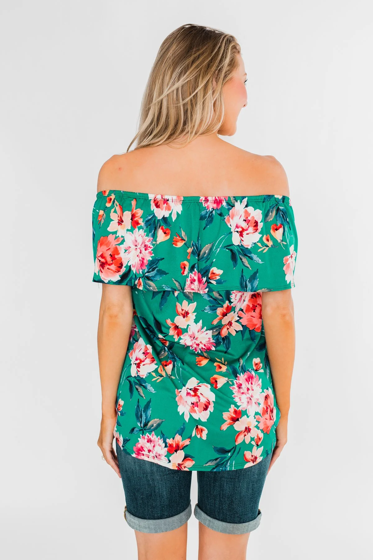 Tropical Oasis Off The Shoulder Floral Top- Green - Image 9