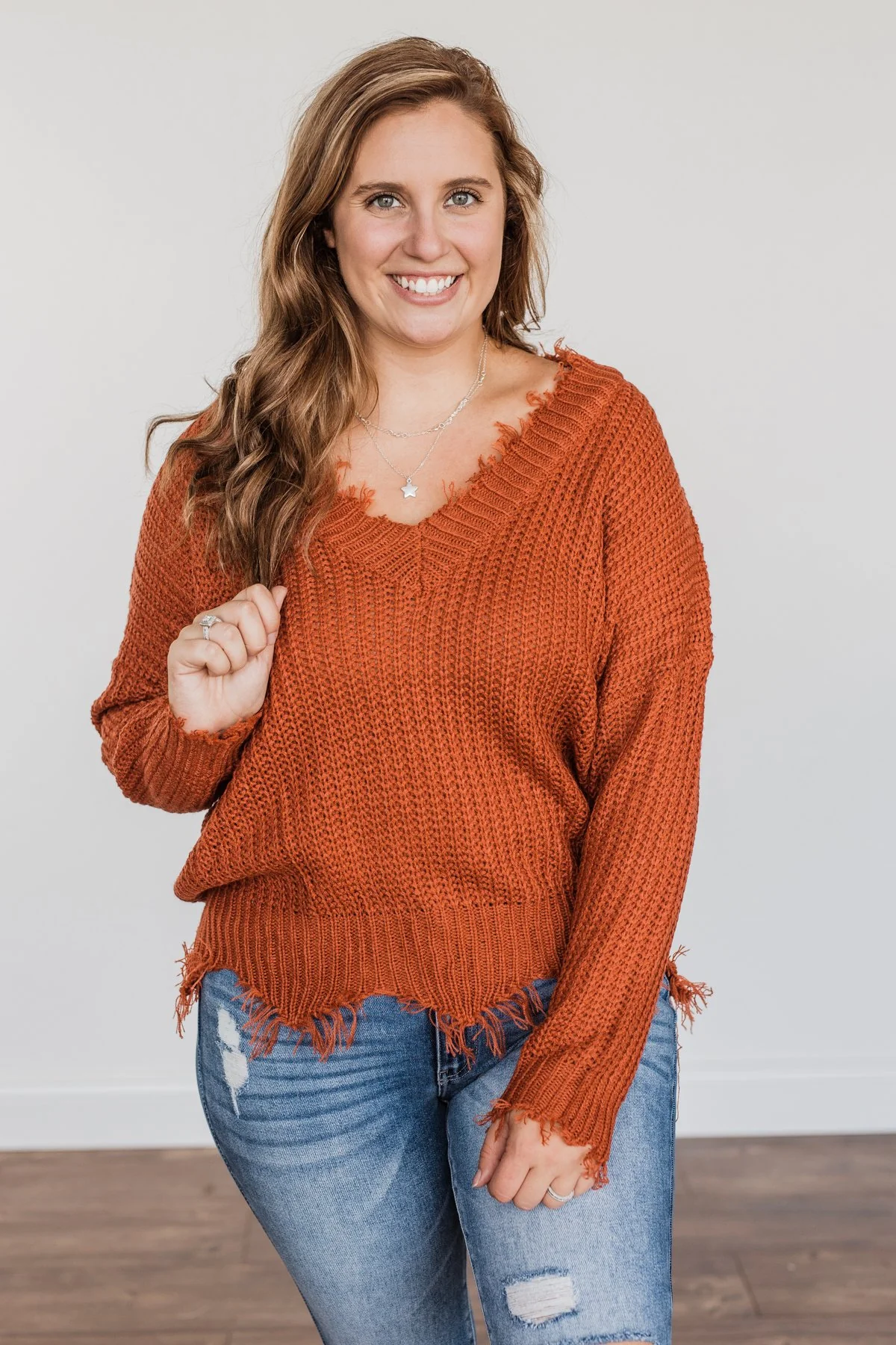 True Charm Distressed Frayed Sweater- Rust - Image 2