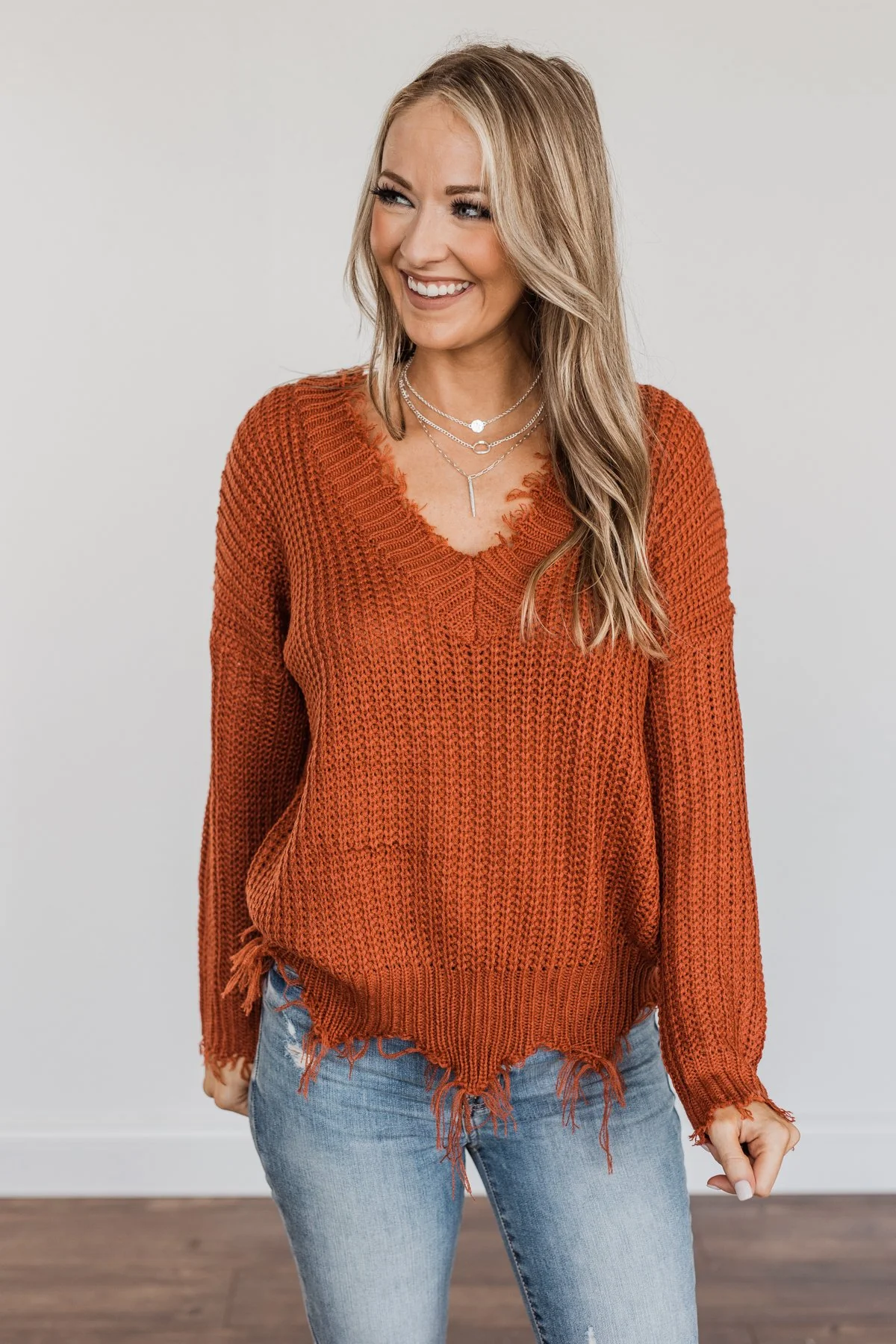 True Charm Distressed Frayed Sweater- Rust - Image 3