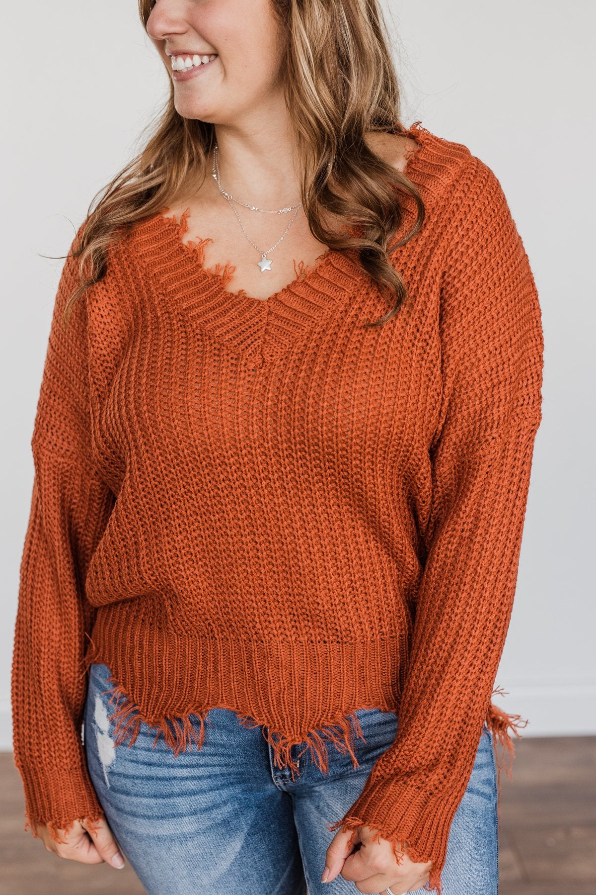 True Charm Distressed Frayed Sweater- Rust - Image 5