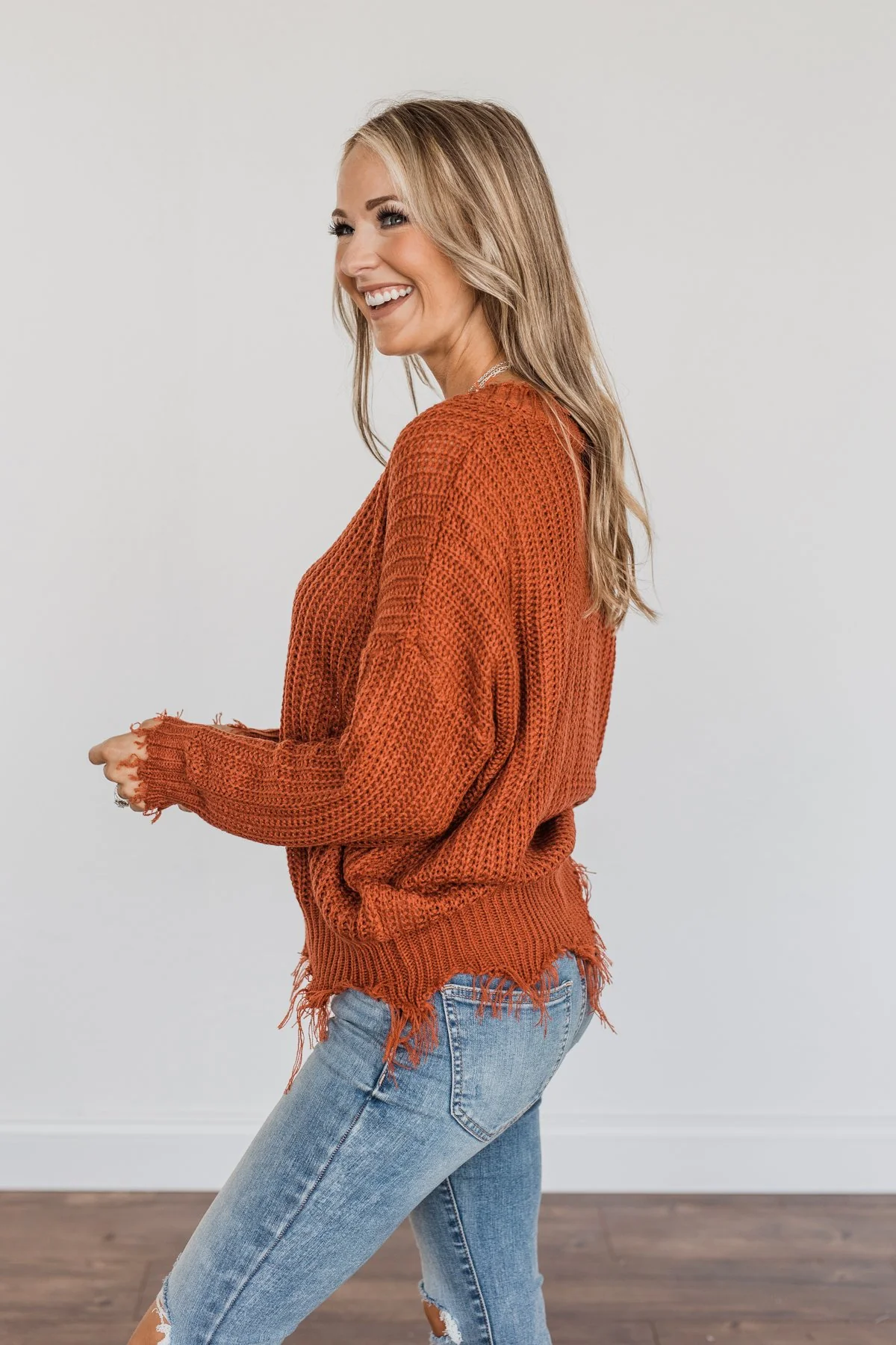True Charm Distressed Frayed Sweater- Rust - Image 6