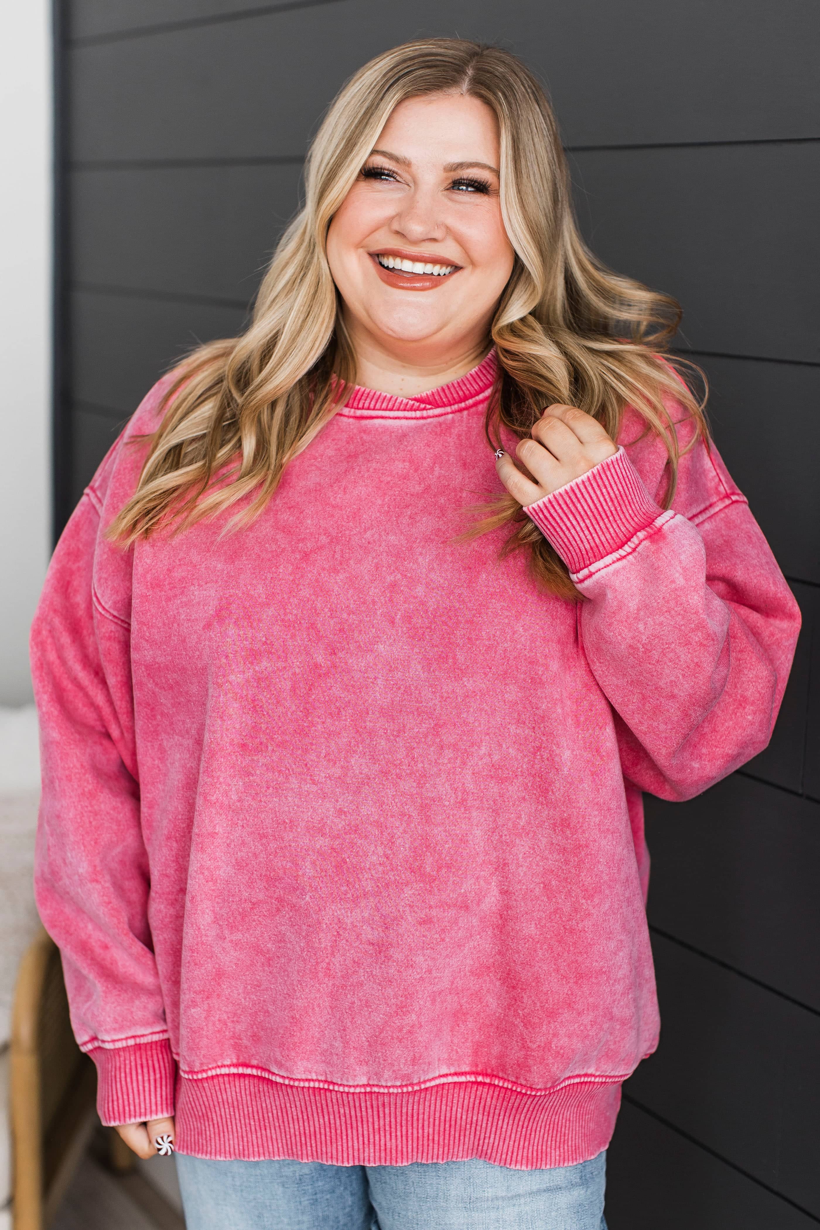 True Happiness Stone Wash Pullover- Fuchsia - Image 2