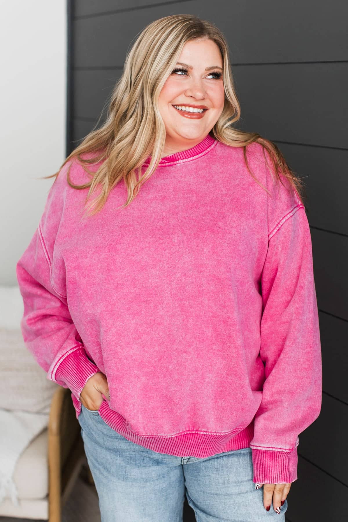 True Happiness Stone Wash Pullover- Hot Pink - Image 2