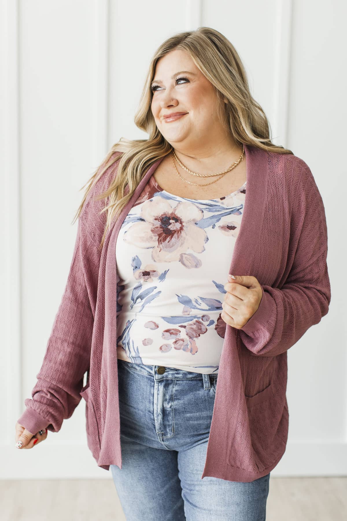 True Loves Glow Pointelle Knit Cardigan- Mauve - Image 4