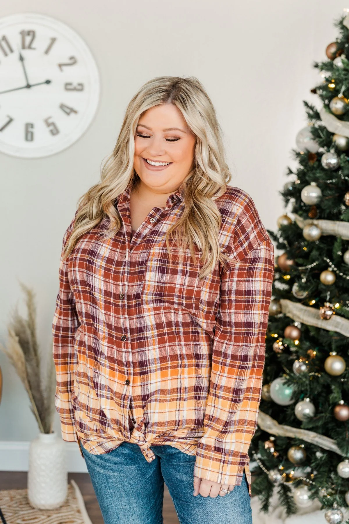 True To Me Long Sleeve Plaid Top- Brick, Rust & Golden Yellow - Image 3