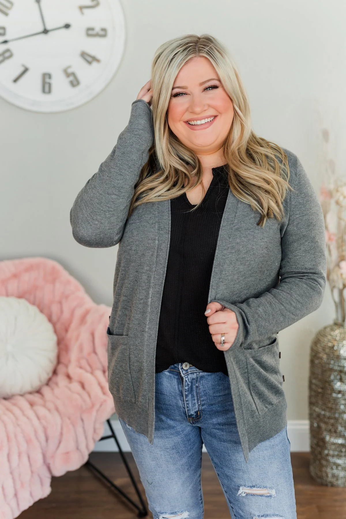 True To My Heart Open Front Cardigan- Charcoal - Image 3