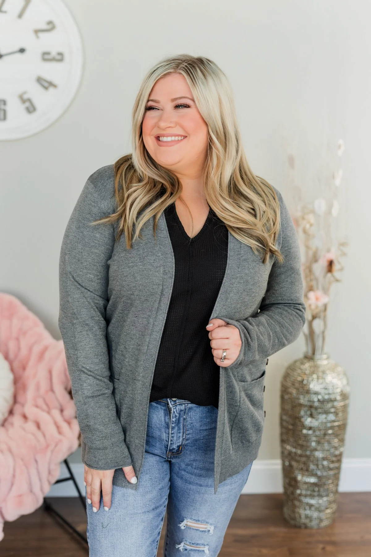 True To My Heart Open Front Cardigan- Charcoal - Image 4