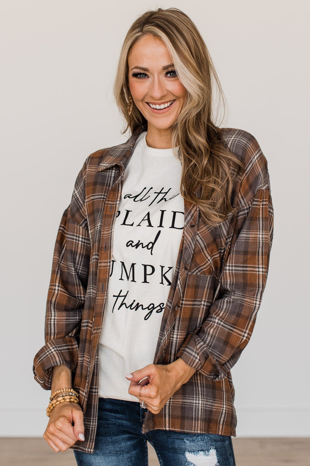 True To Myself Plaid Button Top- Brown & Charcoal - Image 2