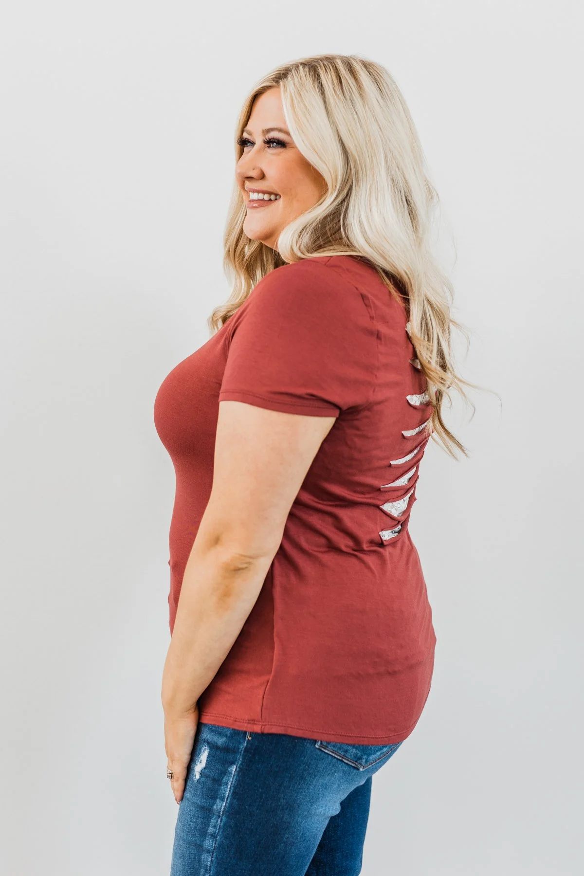 True To Your Heart Lace Back Shirt- Dusty Brick - Image 10